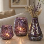 Glas Mosaik Deko Lila, Windlichter und Vase einzeln oder als Dreierset erhältlich, elegante Tischdeko für Wohnzimmer und Weihnachtsdeko