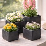 Blumentopf Schwarz Matt – Quadratischer Keramik Übertopf in moderner unregelmäßiger Form, Pflanztopf, 4 Größen