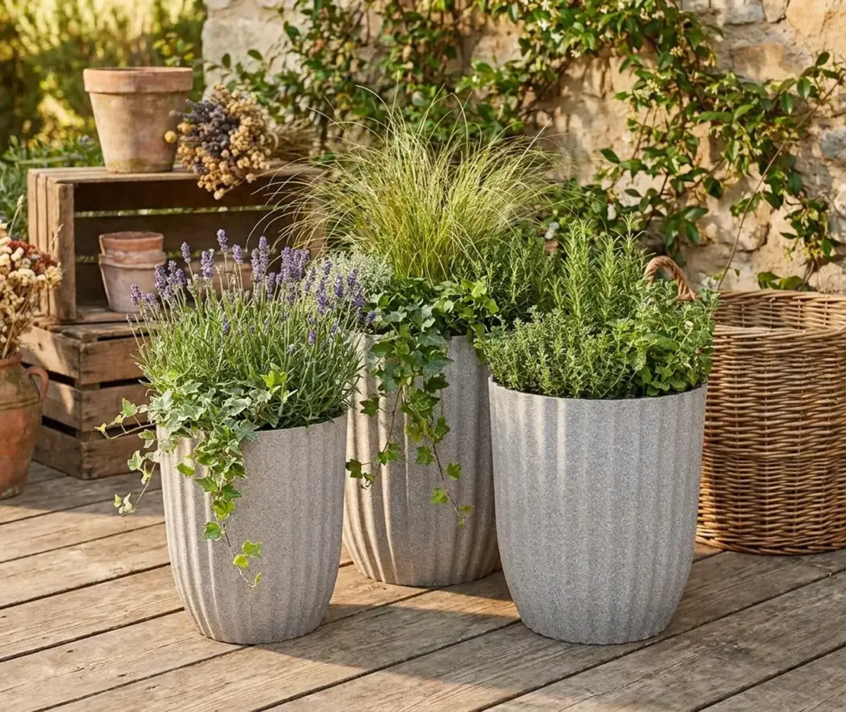 Blumentopf Sand gerillt – Moderner Pflanztopf & Übertopf für Garten, Balkon und Terrasse – 3 Größen