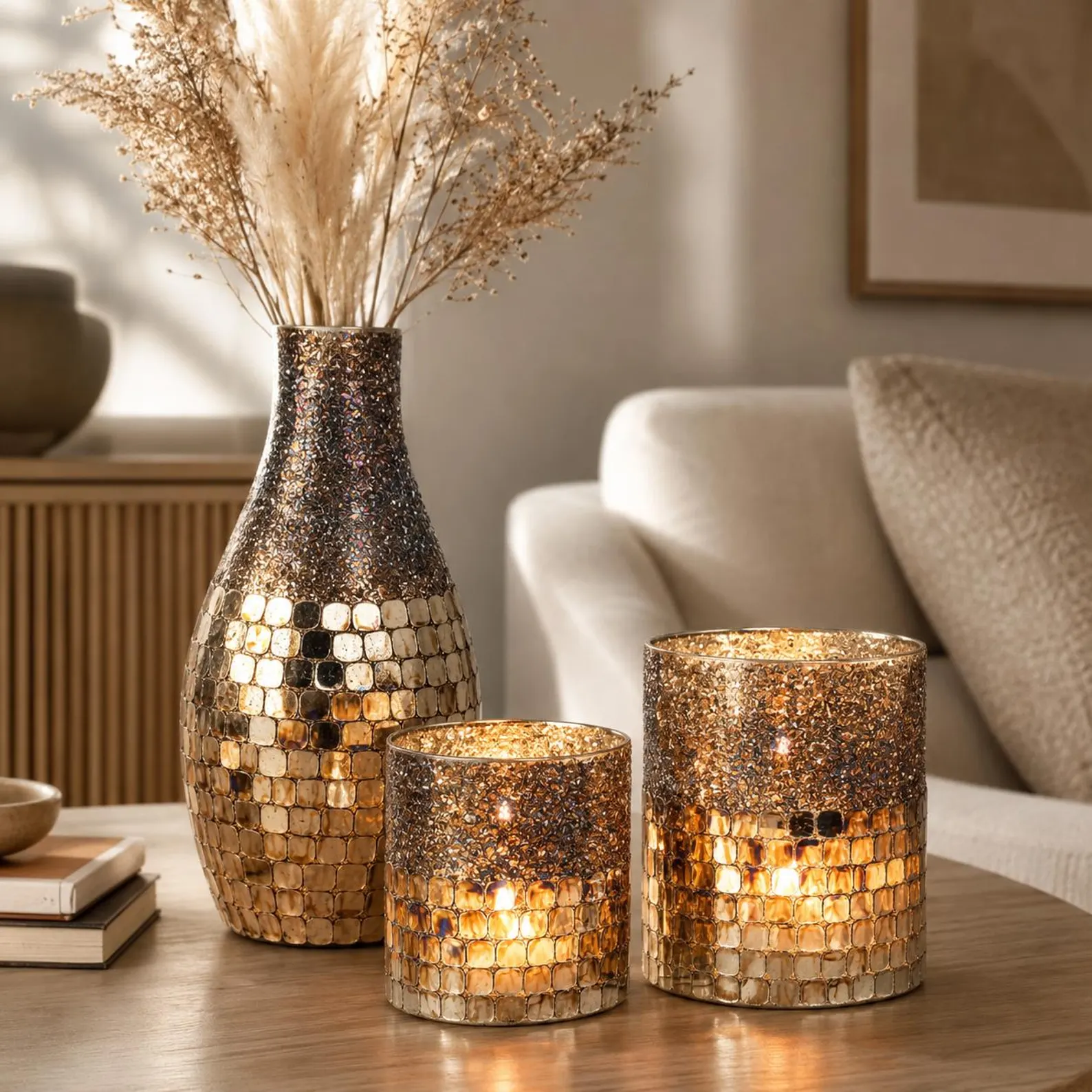 Tischdeko Gold Tischdeko Gold mit Vase & Windlichtern – Weihnachtsdeko Set aus Glas | 3 Varianten oder Komplett-Set – Bild 1