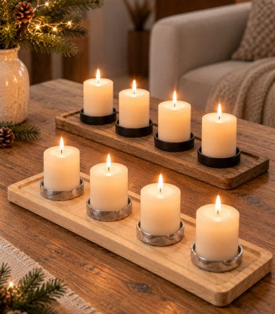 Advent Kerzenhalter aus Holz mit vier Stumpenkerzen und Aluguss-Haltern als Weihnachtsdeko für den Tisch.