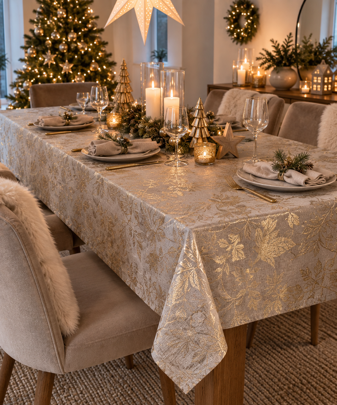 Tischdecke Beige Gold Tischdecke Beige Gold 140 x 250 cm, Tischdecke Weihnachten, festliche Tischdeko – Bild 1