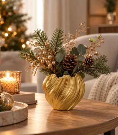 Goldene Keramik Vase mit geschwungener 3D Struktur in 19 x 19 cm
