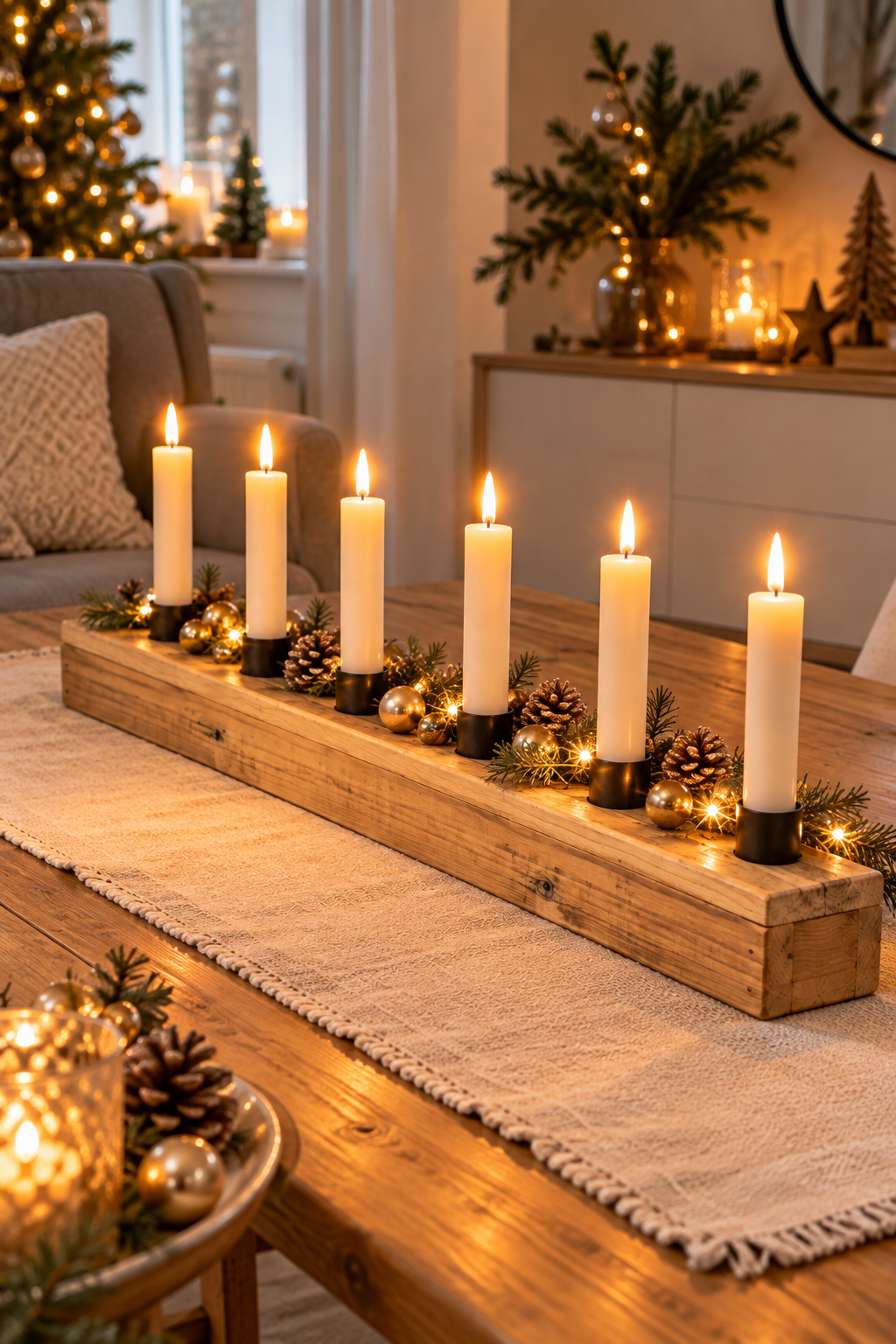 Kerzenhalter Holz für 6 Kerzen, Adventsdeko Weihnachten – 60cm