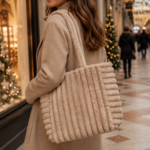Shopper Plüschtasche Damen Beige, weiche Handtasche mit Magnetverschluss - 52 x 33 cm
