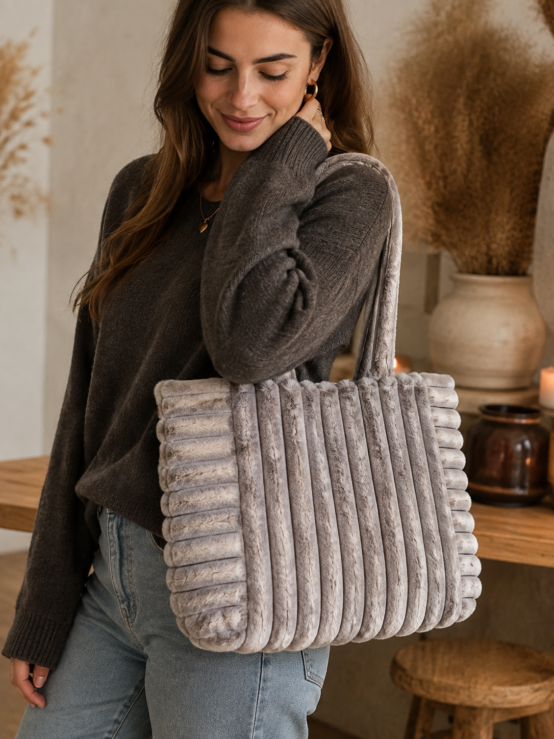 Damentasche Shopper Damentasche, Flauschige Plüsch Tragetasche in Grau - Schultertasche - 52 x 33cm – Bild 1