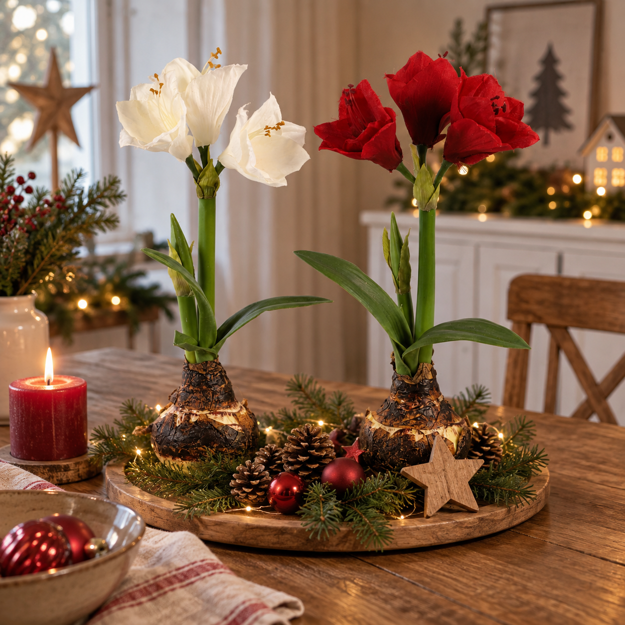 Künstliche Amaryllis mit Zwiebel, Kunstblume Weihnachten - 2 Farben