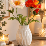 Künstliche Mohnblume 57 cm mit einer Blüte und einer Knospe in Creme für Vasendeko und Tischdekoration.