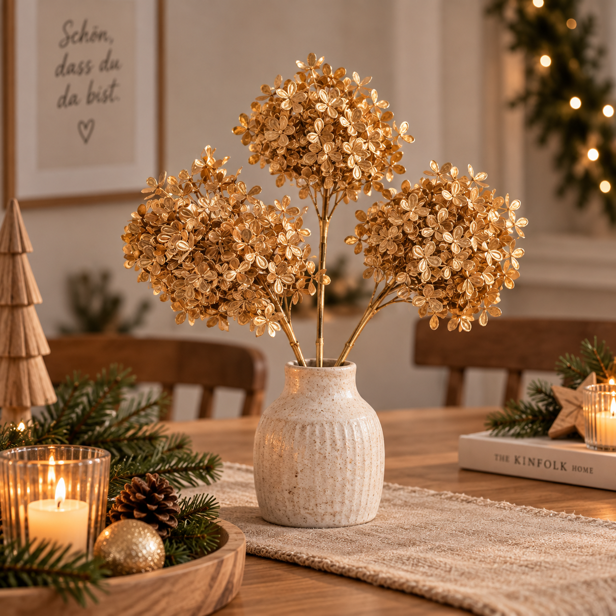 Hortensie Gold Hortensie Gold Kunstblume, 3 Stiele, Weihnachtsdeko Gold, Tischdeko Weihnachten – Bild 1