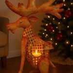 Hirsch Windlicht aus Metall in Orange Gold – Dekorativer Elch mit Teelichthalter, Weihnachtsdeko