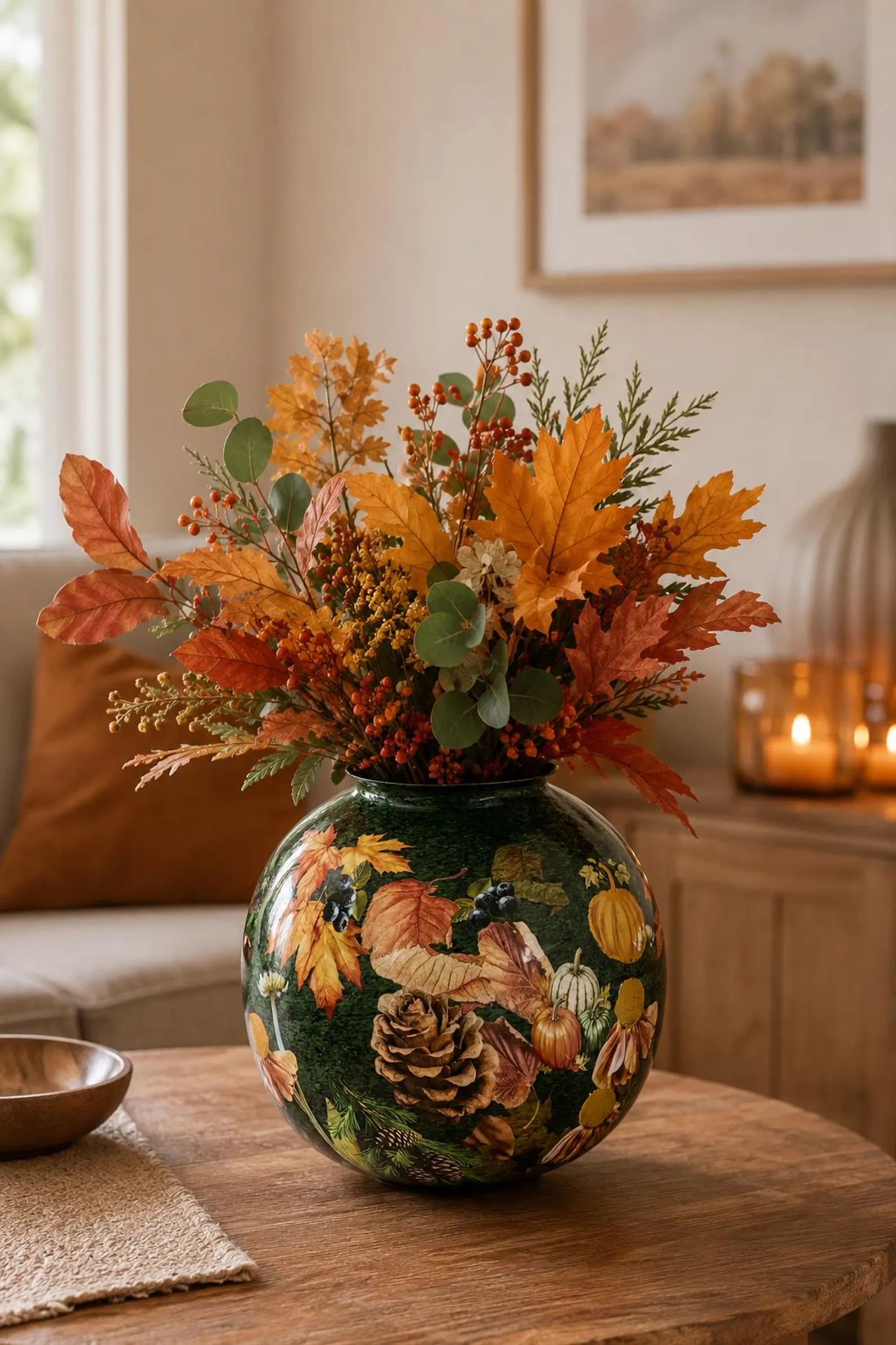 Vase Herbst Herbstliche Metallvase mit Kürbis und Blättermotiv – Runde Blumenvase in Dunkelgrün - 19 cm – Bild 1