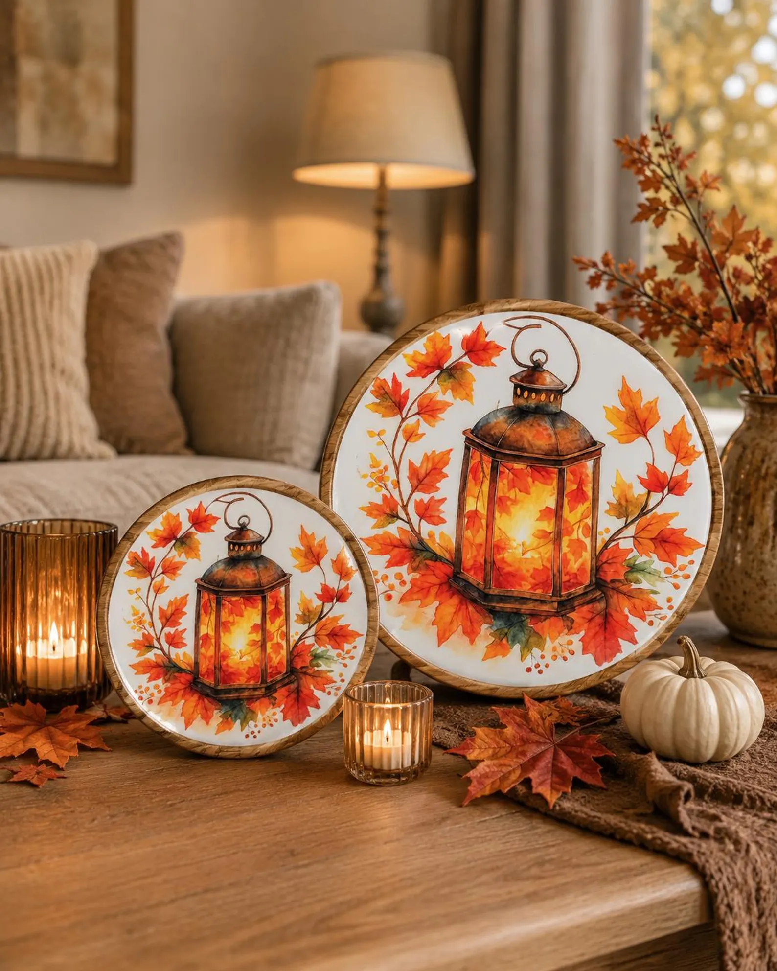 Deko Holzteller Herbst mit Laternenmotiv – Landhausstil – 2 Größen