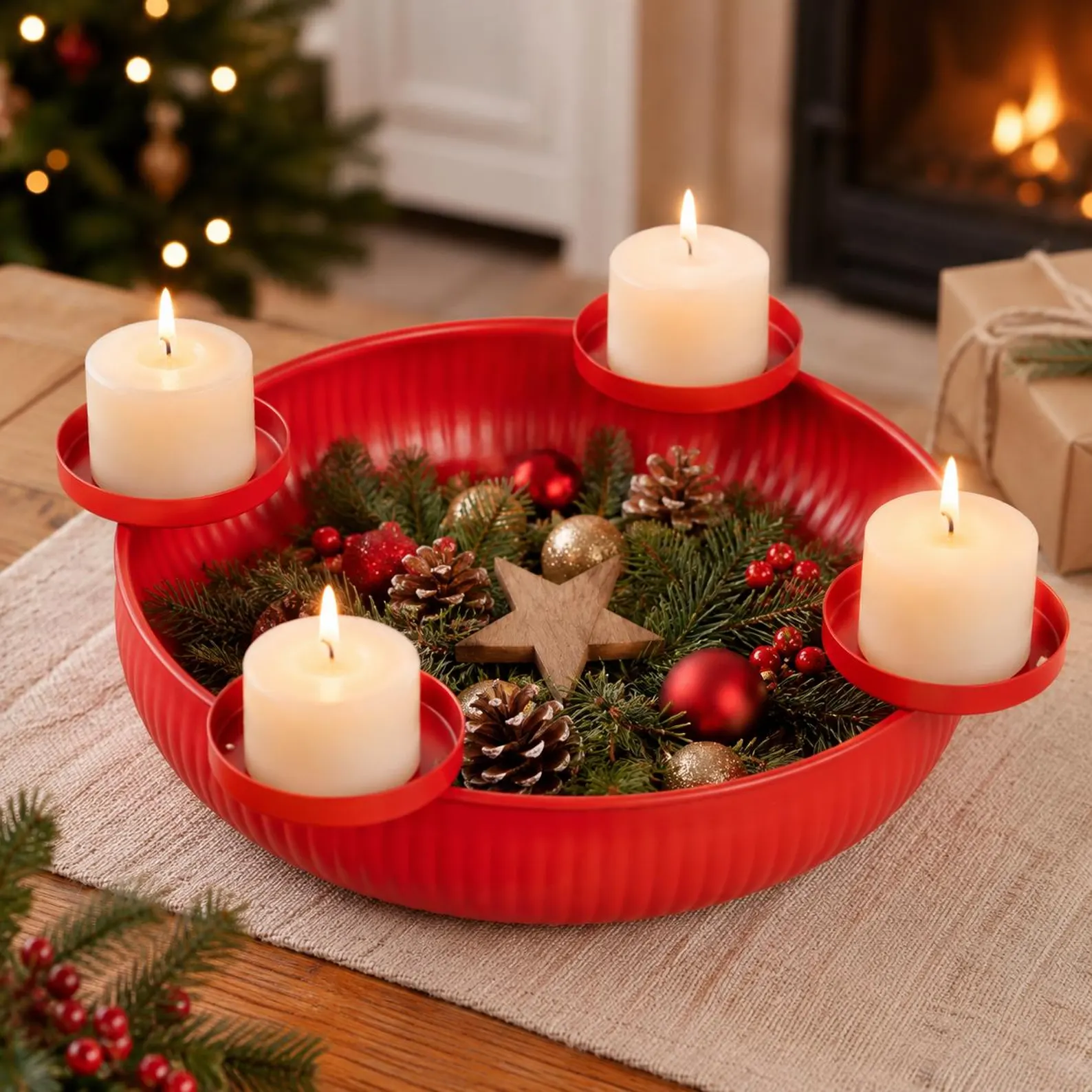 Adventsteller Metall Rot mit 4 Kerzentüllen, Adventskranz modern Ø34 cm