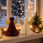 Papierengel mit goldenen Flügeln – Weihnachtsdeko in Bordeauxrot & Cremeweiß - 2 Größen