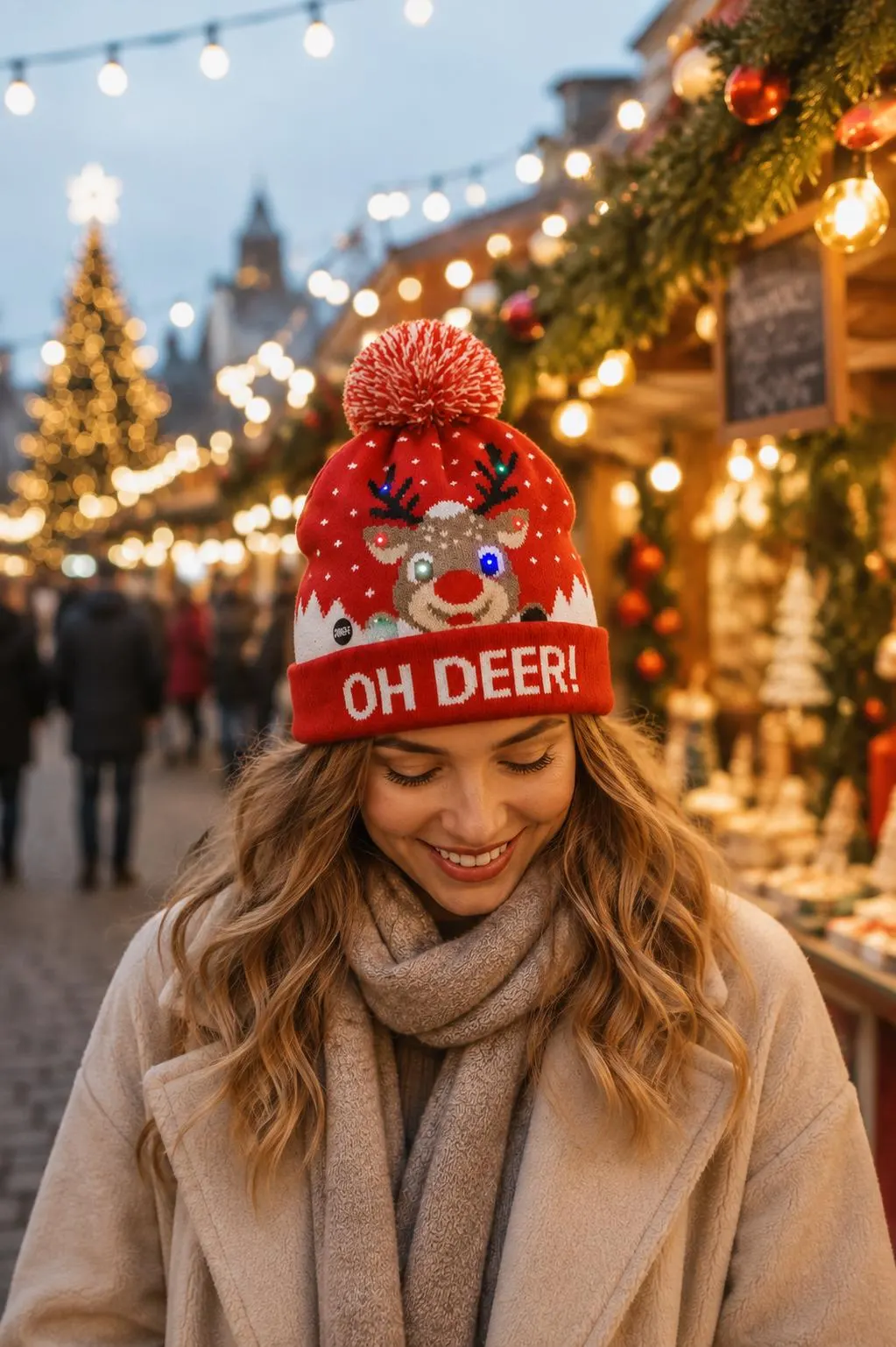 LED Weihnachtsmütze LED Weihnachtsmütze mit Rentier – Leuchtende Weihnachtsmütze mit 3 Lichteffekten, Rot – Bild 1