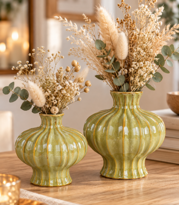 Grüne Keramikvase im Vintage-Stil mit glänzender Glasur, goldbraunen Akzenten und bauchiger Form mit Rillen.