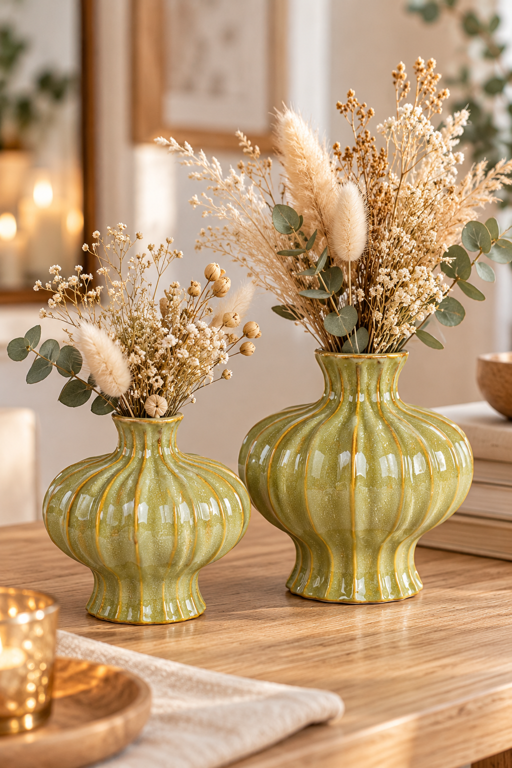 Grüne Keramikvase Grüne Keramikvase im Vintage-Stil mit glänzender Glasur, goldbraunen Akzenten und bauchiger Form mit Rillen.