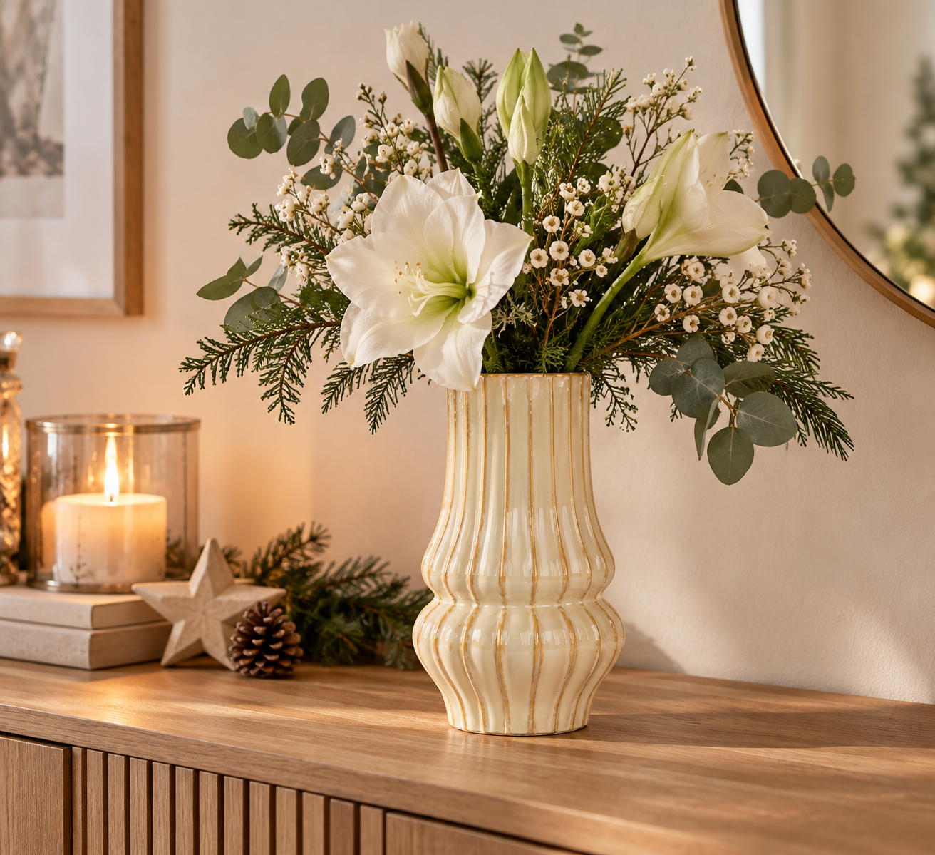 Keramik Vase Beige im Vintage-Stil – Blumenvase mit Rillen, 2 Größen