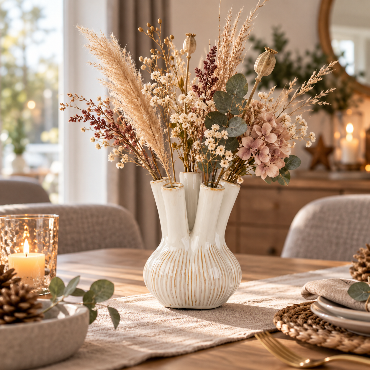 Keramik Steckvase Weiß – Moderne Lochvase für Blumen & Trockenblumen, 21,5 cm
