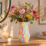 Bunte 3D gedruckte Keramikvase in Rosa Gelb und Blau mit moderner geschwungener Struktur