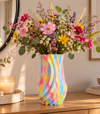 Bunte 3D gedruckte Keramikvase in Rosa Gelb und Blau mit moderner geschwungener Struktur