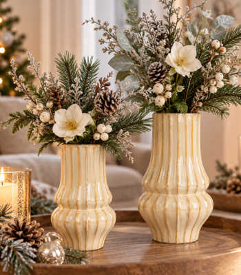 Keramik Vase Beige im Vintage-Stil mit glänzender Glasur, geschwungener Form und dekorativen Rillen in zwei Größen.