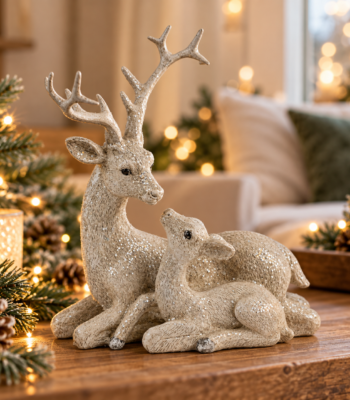 Hirschfigur mit liegendem Rehkitz in Antikweiß mit Glitzer, dekorative Weihnachtsfigur für Tischdeko und Wohnzimmer.