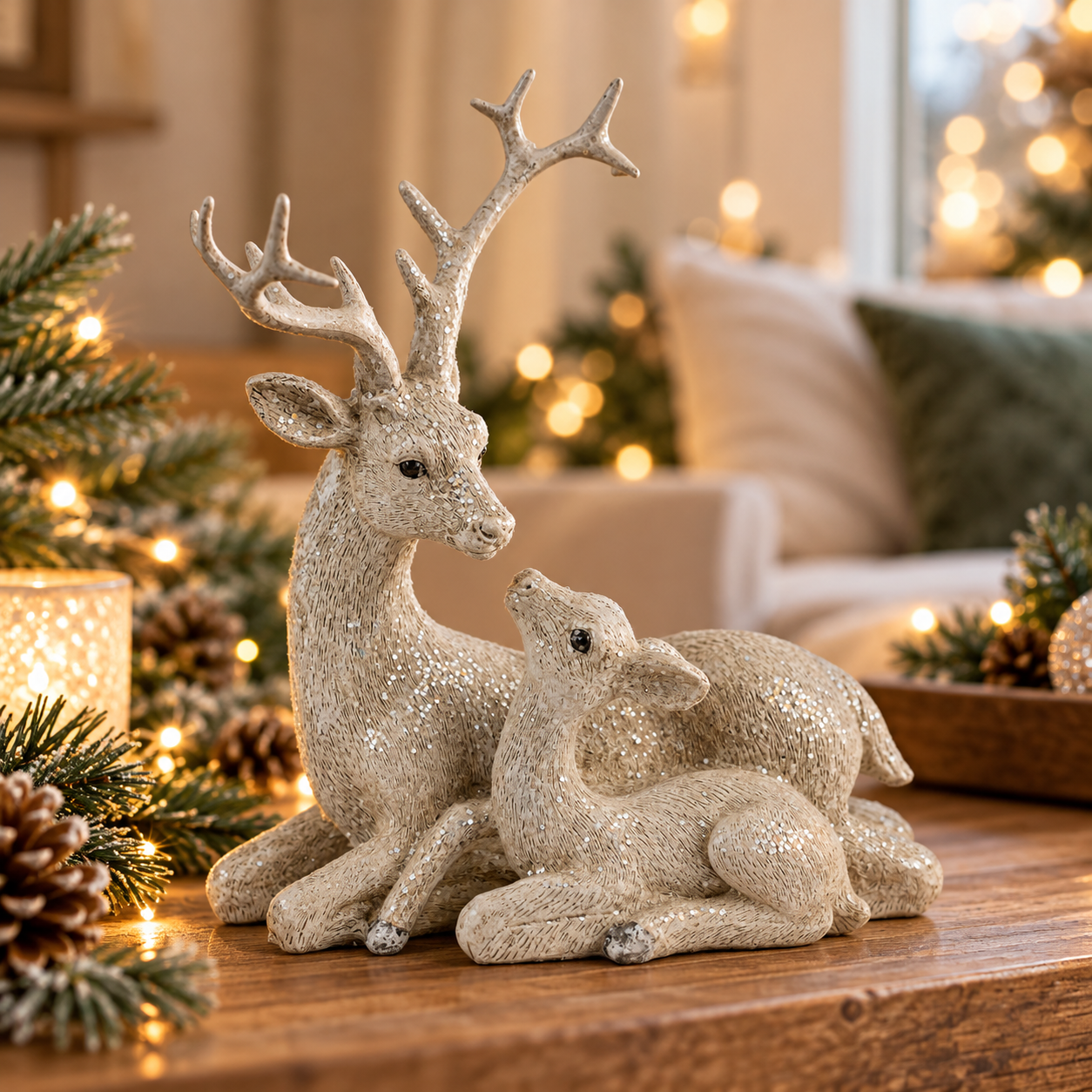 Hirsch Deko Weihnachten mit Rehkitz Hirschfigur mit liegendem Rehkitz in Antikweiß mit Glitzer, dekorative Weihnachtsfigur für Tischdeko und Wohnzimmer.
