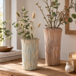 Keramik Steckvase in Rosa mit strukturierter Glasur und mehreren Öffnungen für Trockenblumen, Pampasgras und Zweige.