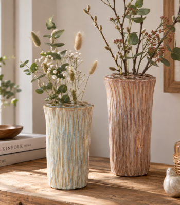 Keramik Steckvase in Rosa mit strukturierter Glasur und mehreren Öffnungen für Trockenblumen, Pampasgras und Zweige.