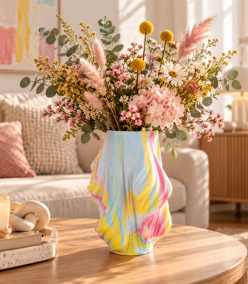 Bunte Rainbow Design Vase mit geschwungener 3D Struktur in Rosa Gelb Blau und Grün