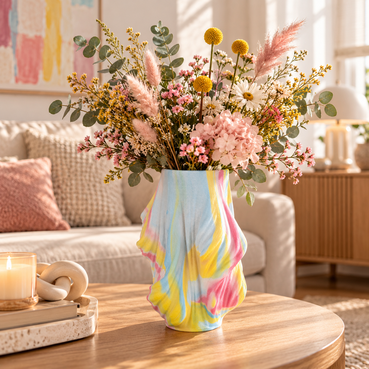 Bunte Vase Bunte Rainbow Design Vase mit geschwungener 3D Struktur in Rosa Gelb Blau und Grün