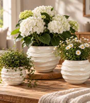 Weiß antik glasierter Keramik Blumentopf mit gewellter Oberfläche in drei Größen