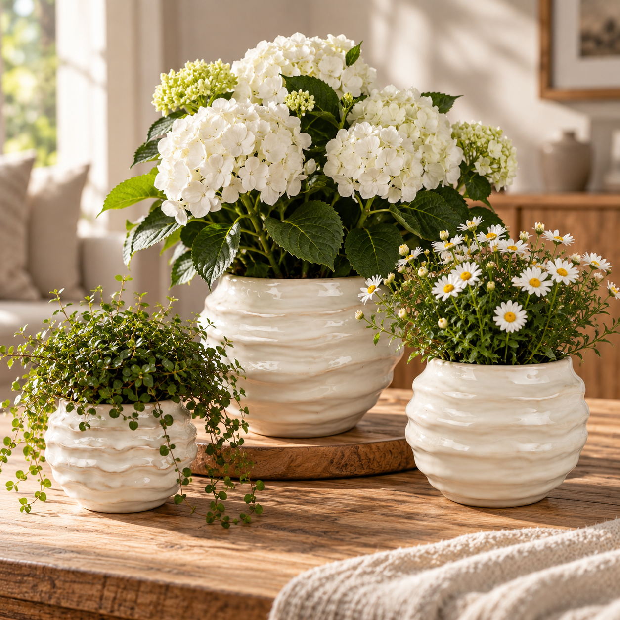 Blumentopf Weiß Weiß antik glasierter Keramik Blumentopf mit gewellter Oberfläche in drei Größen