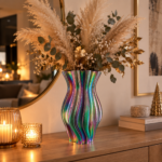 Multicolor Keramikvase 3D gedruckt mit geschwungener Form und schimmernden Farbreflexen