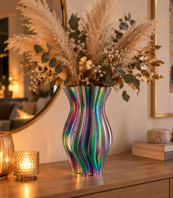Multicolor Keramikvase 3D gedruckt mit geschwungener Form und schimmernden Farbreflexen