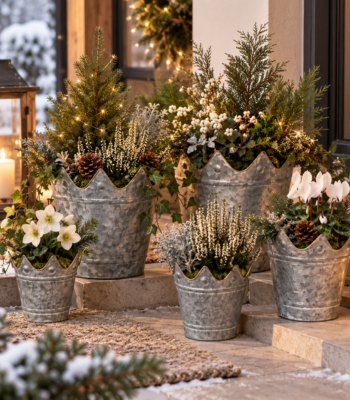 Zink Kronentopf in Grau antik mit goldenem Rand als dekorativer Blumentopf für Weihnachten