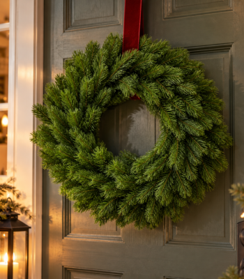 Künstlicher grüner Weihnachtskranz in Edeltannen-Optik mit dicht angeordneten Tannenzweigen, als Adventskranz und Winterdekoration.
