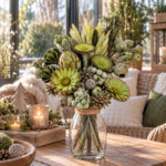Exotenstrauß Grün Frosted mit exotischen Trockenblumen in Salbeigrün und Olivgrün, inklusive Glasvase mit Juteband.