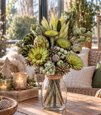 Exotenstrauß Grün Frosted mit exotischen Trockenblumen in Salbeigrün und Olivgrün, inklusive Glasvase mit Juteband.