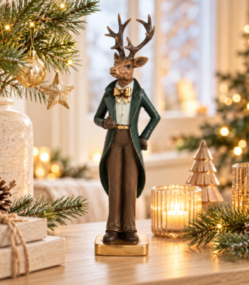 Nostalgische Hirschfigur 27 cm mit großem Geweih, dunkelgrünem Gehrock und goldener Schleife als elegante Weihnachtsdekoration.