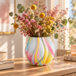 Bunte 3D Keramik Vase im Rainbow Design mit gedrehter Struktur 24 x 22 cm
