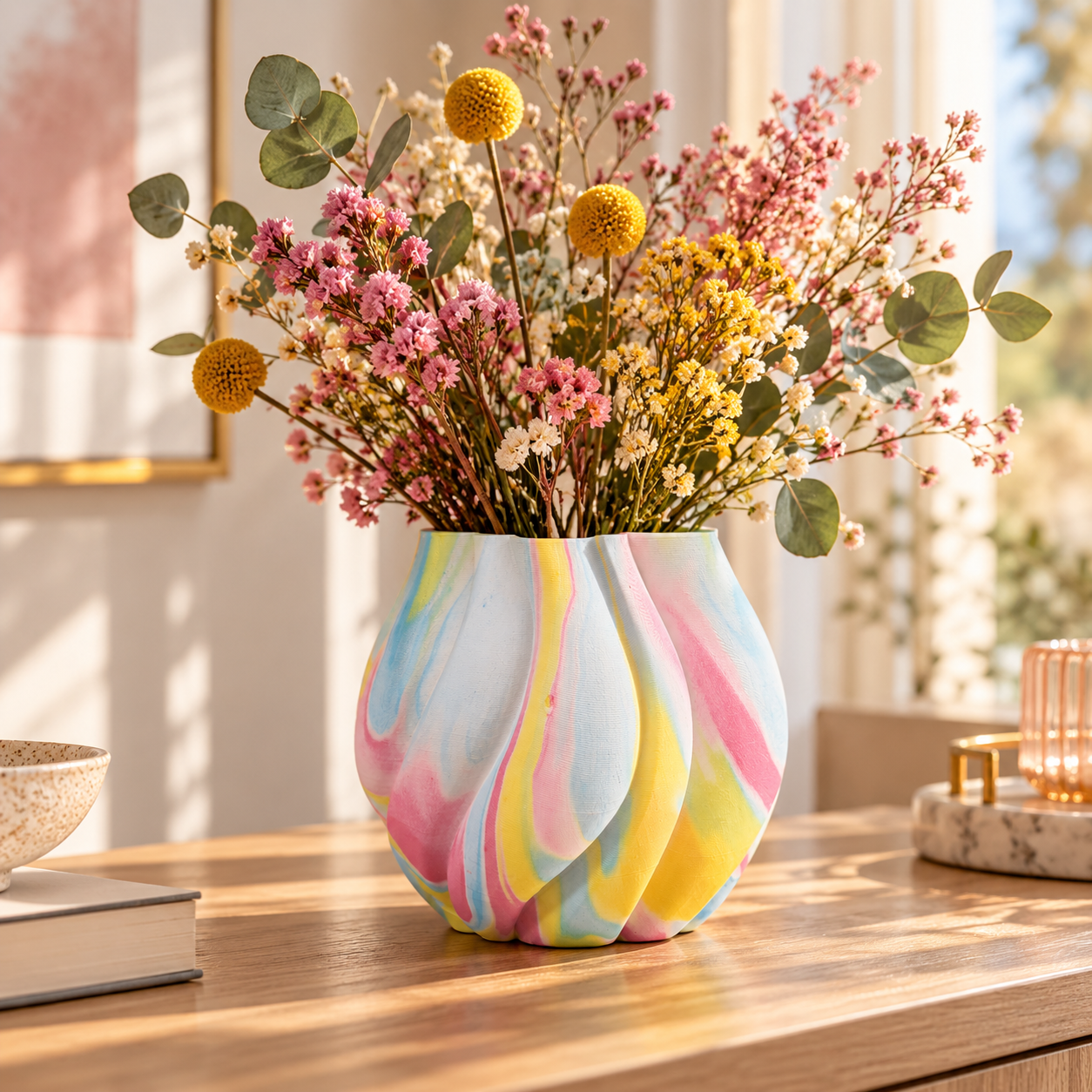 3D Vase Bunt Bunte 3D Keramik Vase im Rainbow Design mit gedrehter Struktur 24 x 22 cm